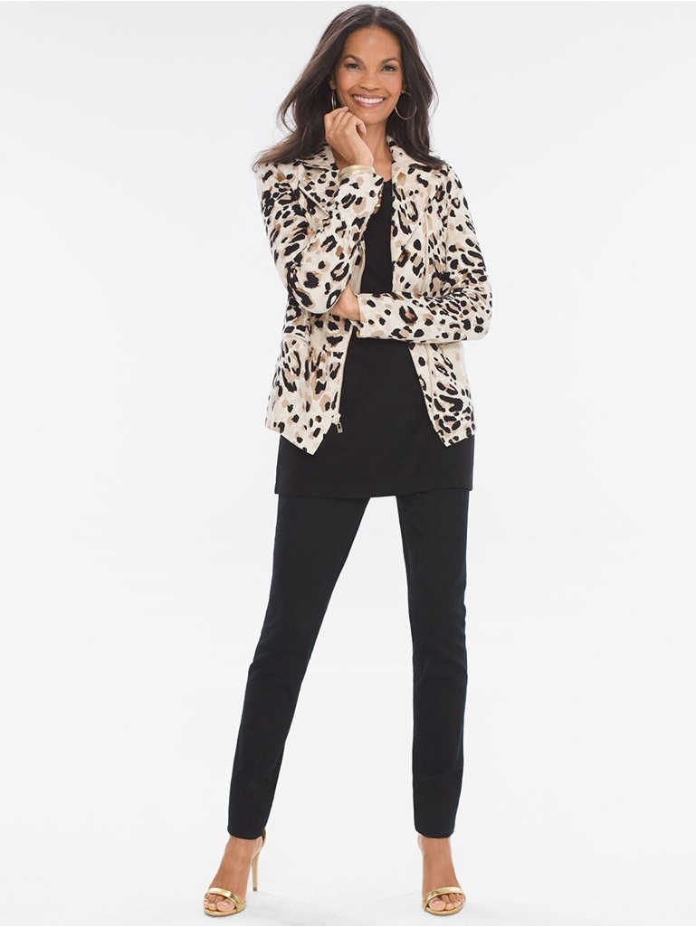 Chico’s 1 Animal Leopard Print Moto Jacket Soft Cheetah Spot Zip Front